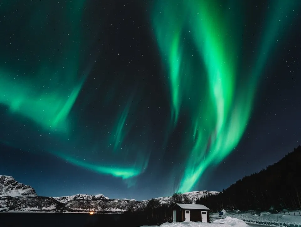 特羅姆瑟峽灣上空的綠色極光,前景是覆雪的海岸與零星燈火